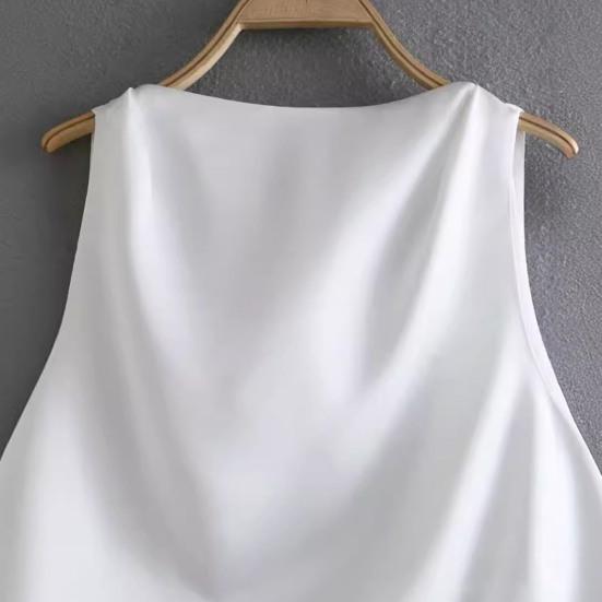 Women Summer Vest Round Neck Sleeveless Backless Smooth Satin Texture Vest Top with Bow Tie Closure Tank Tops