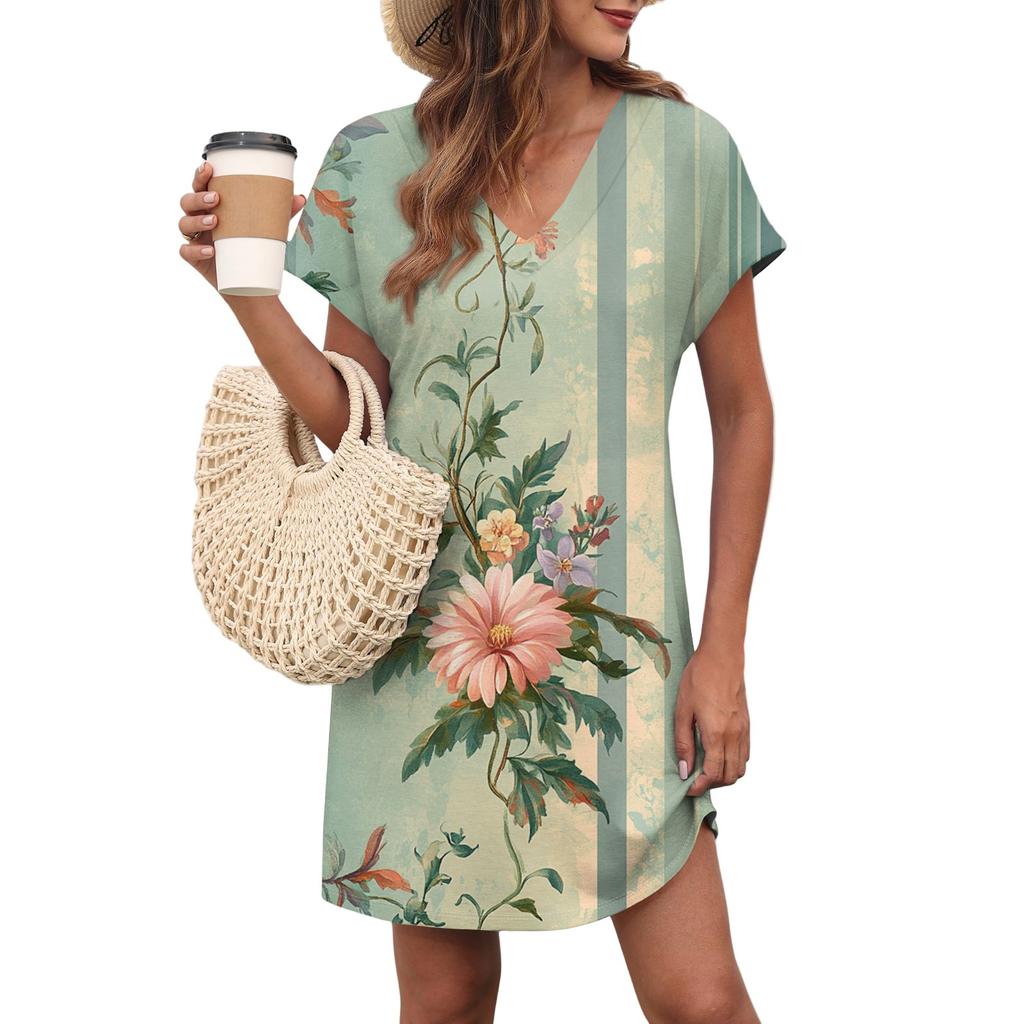 Women's Casual Fashion Sexy V-Neck Cap Sleeves Pocket Floral Dress