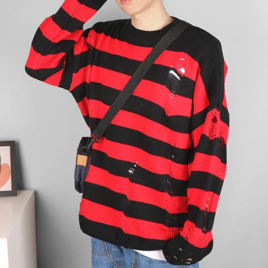 Par Genser Stripe Kontrastfarge Løs Rund Hals Termisk Lange Ermer Hip Hop Fargeblokk Crew Neck Høstgenser Hverdagsklær