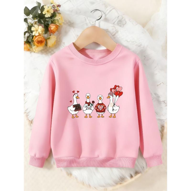 Unisex Kids Crewneck Sweatshirt, Cute Cartoon Love Duck Heart Balloon Print Long Sleeve Pullover, Boys Girls Sweatshirt For Kids Over 4 Years Old