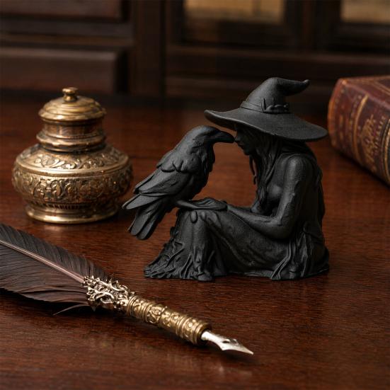 3D Printed Witch Ornament, with Stable Base Matte Black Figurine, Gothic Style Resin Sculpture for Halloween Party Home Decorations