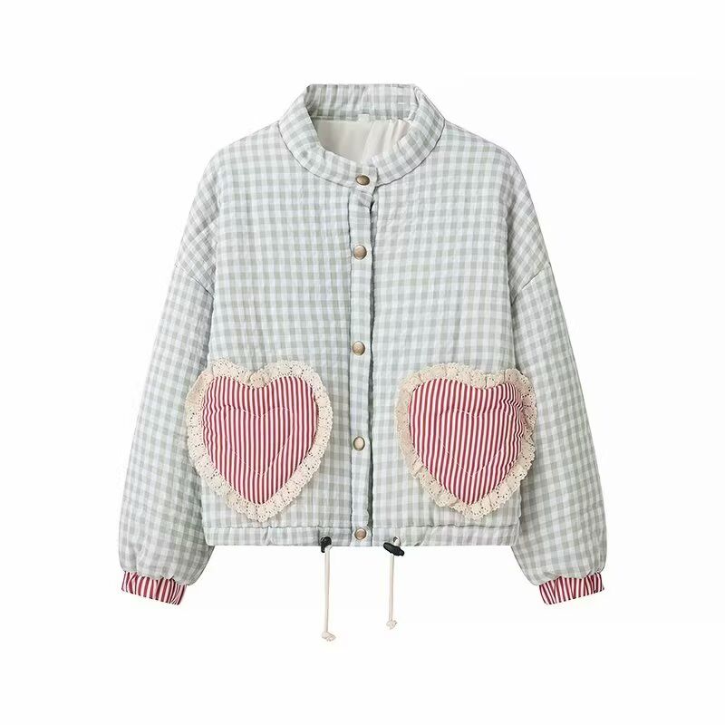 

Kaslead New Women clothes Western Style Fashion Simple and Versatile Lace Plaid Cotton-Padded Coat Outerwear Green White Gingham L