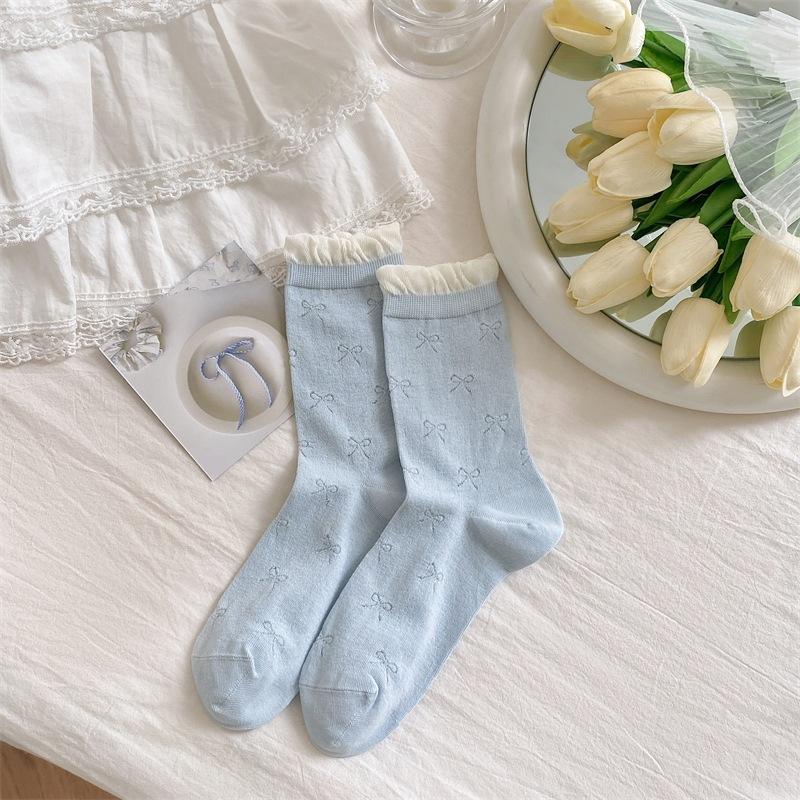 Ballet Style Bow Bubble Pile Socks Summer Mesh Thin Mid-Leg Socks Boneless Lace Anti-Pilling