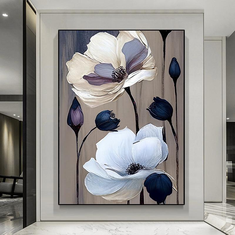 Abstrakt Oljemålning av Blommor och Blad Tryckt på Duk Vita Blommor Affischer Blommiga Tryck för Vardagsrum Veranda Väggdekoration