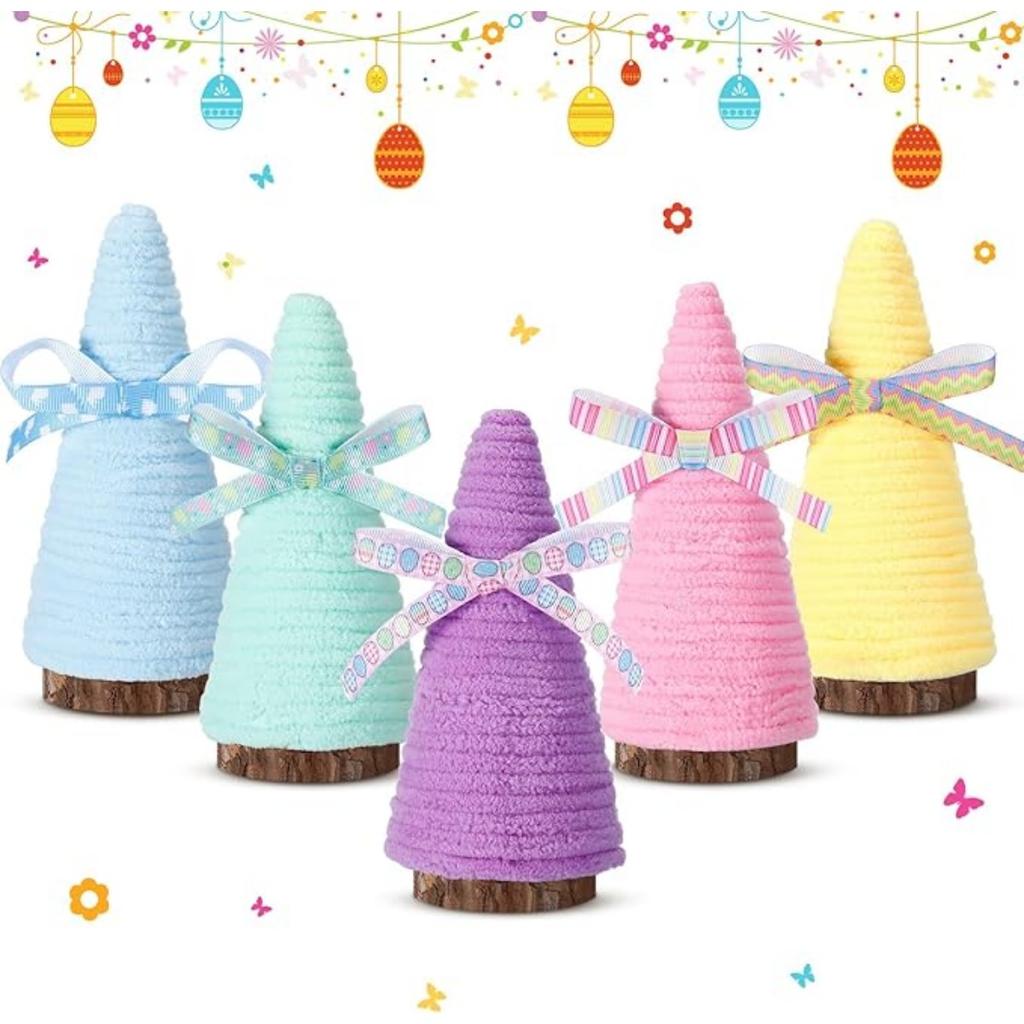 5 Pcs Easter Yarn Wrapped Mini Trees - Pastel Multicolor - Easter Decorations
