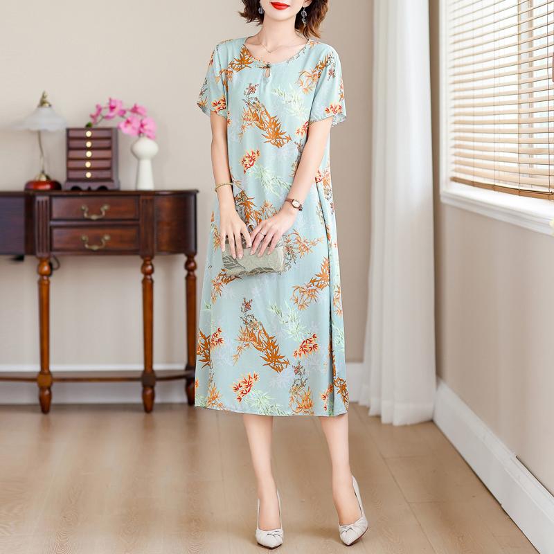 Elegant Long Dresses for Women Plus Size Loose Short Sleeve Vintage Dress Summer Middle-aged Women's Clothing