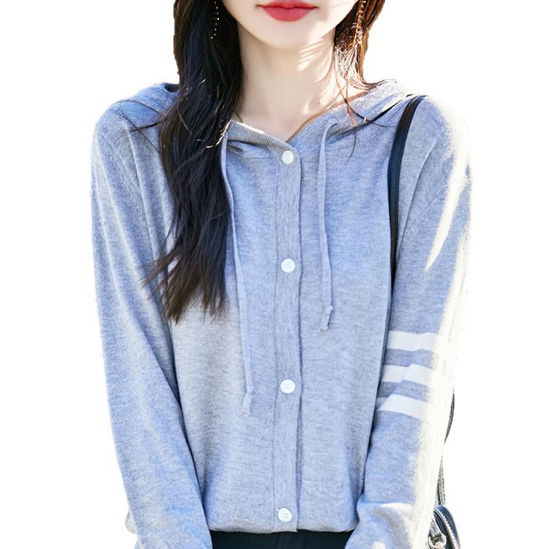 2026 Spring/Summer Women's Lightweight Wool Knit Hooded Cardigan with Three Stripes