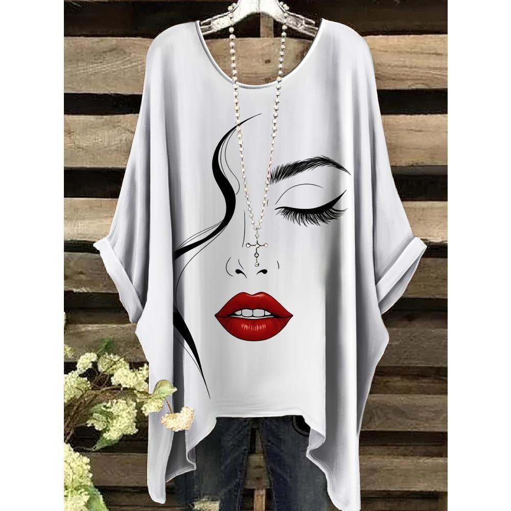Damen T-Shirt Elegant Schwarz Gestreift Damen Gesichts Grafikdruck Tops Sommer Lässig Rundhals Kurzarm T-Shirts für Damen