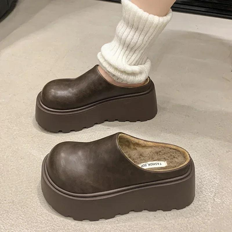 Short Plush Chunky Women Mules Slippers Casual Cover Toe Platform Flats Slides Ladies Comfort Cotton Shoes