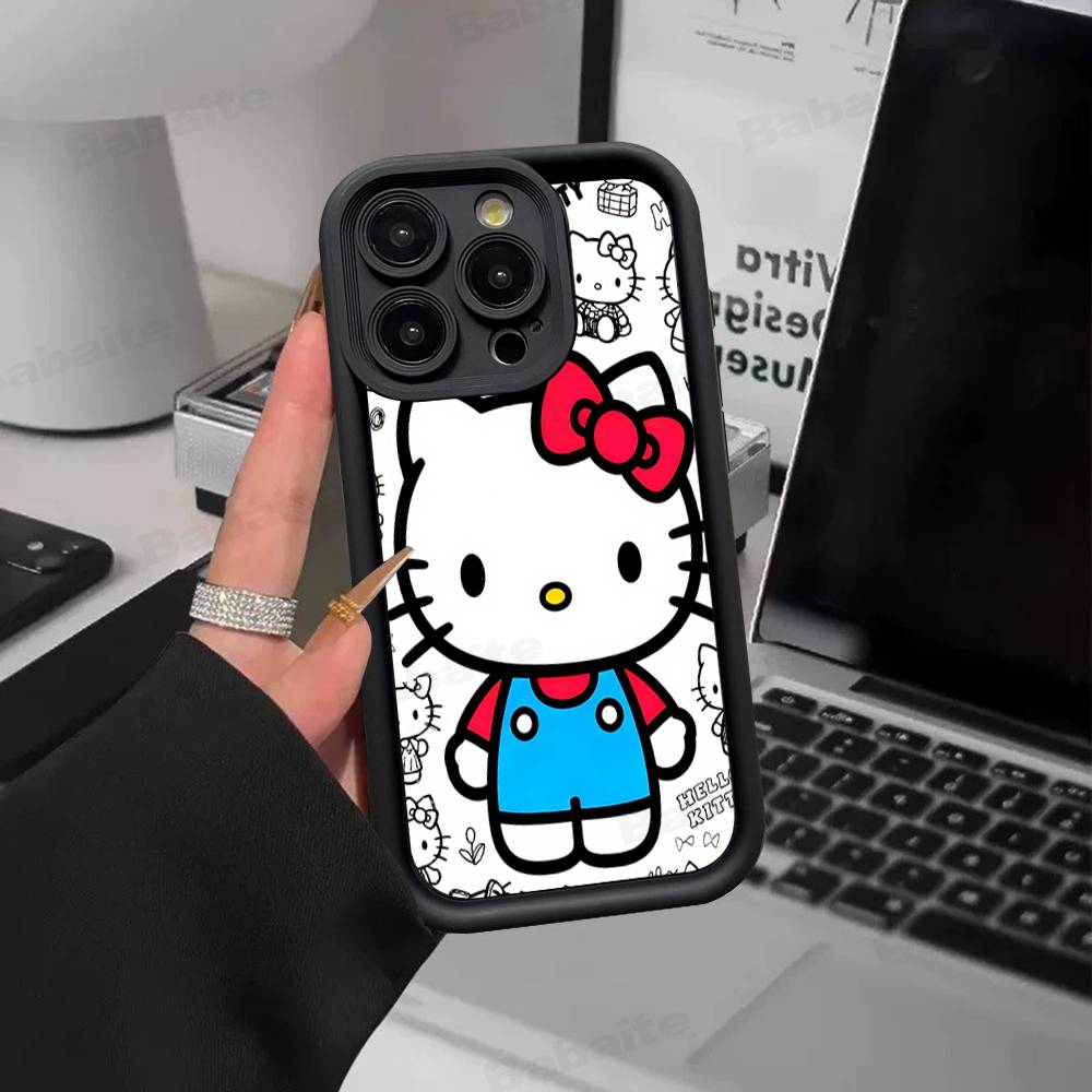 H-Hello Kitty Silicone Soft Phone Case For IPhone 17 16 15 14 Plus 13 12 Mini 11 Black Cover