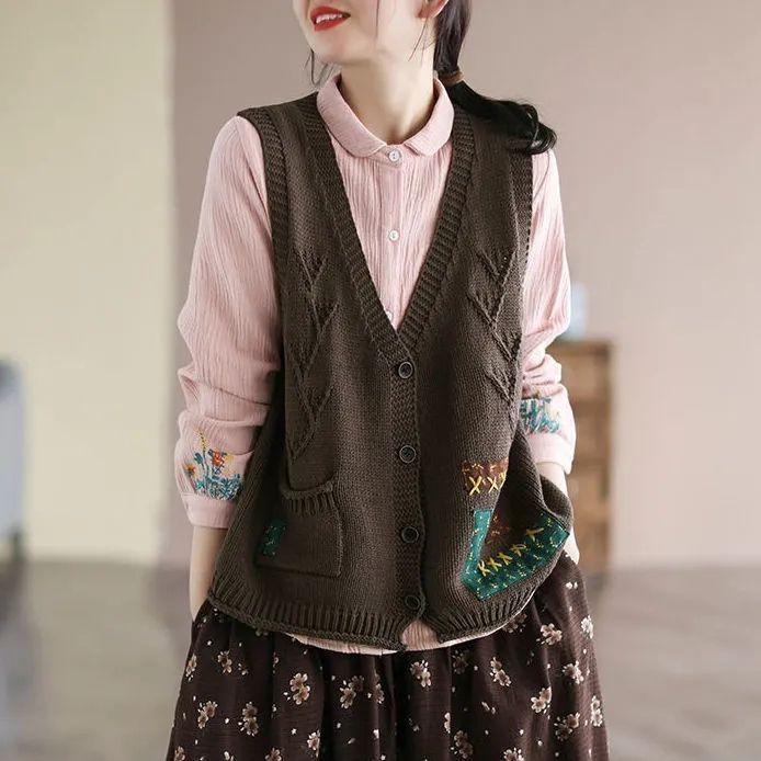 Květinová nášivka kapsa Bavlna Dámská pletená vesta Cardigan Volný a zeštíhlující podzimní ležérní výstřih do V bez rukávů