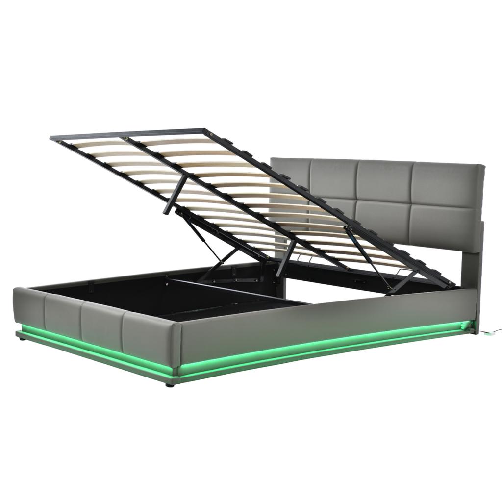 Letto imbottito 160 x 200 cm con LED, rete a doghe in metallo e contenitore, testiera regolabile in altezza e contenitore idraulico, grigio (senza materasso)
