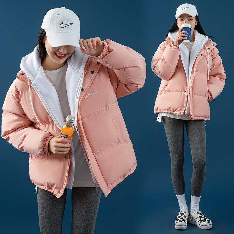 Echter Daunen-gepolsterter Damen-Neuer Winter-Kapuzen-Fake-Zweiteiler Baumwoll-gepolsterter lockerer und verdickter Freizeitmantel