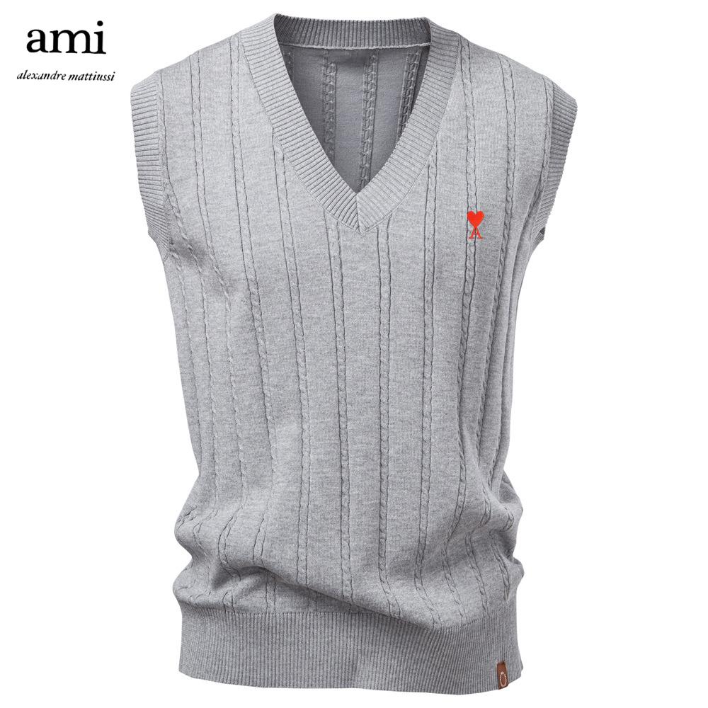 AMI Embroidery Autumn/Winter 2025 European Size V-neck Fried Dough Twists Sweater Vest for Men's Business Sweater Waistcoat