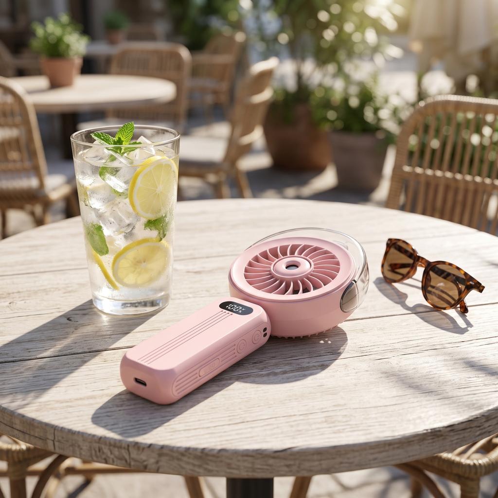 Portable Handheld Fan with Spray Foldable Rechargeable Brushless Motor High Capacity Battery Strong Airflow for Outdoor Travel
