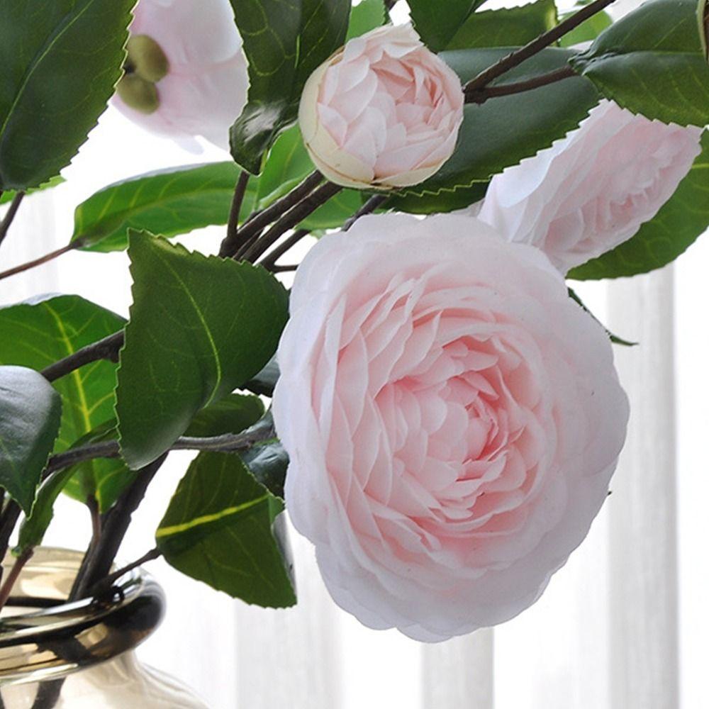 Multicolor Camellia Artificial Flower Silk Petal Photo Props Simulation Flower Green Leavees Floral Arrangement Wedding Supplies