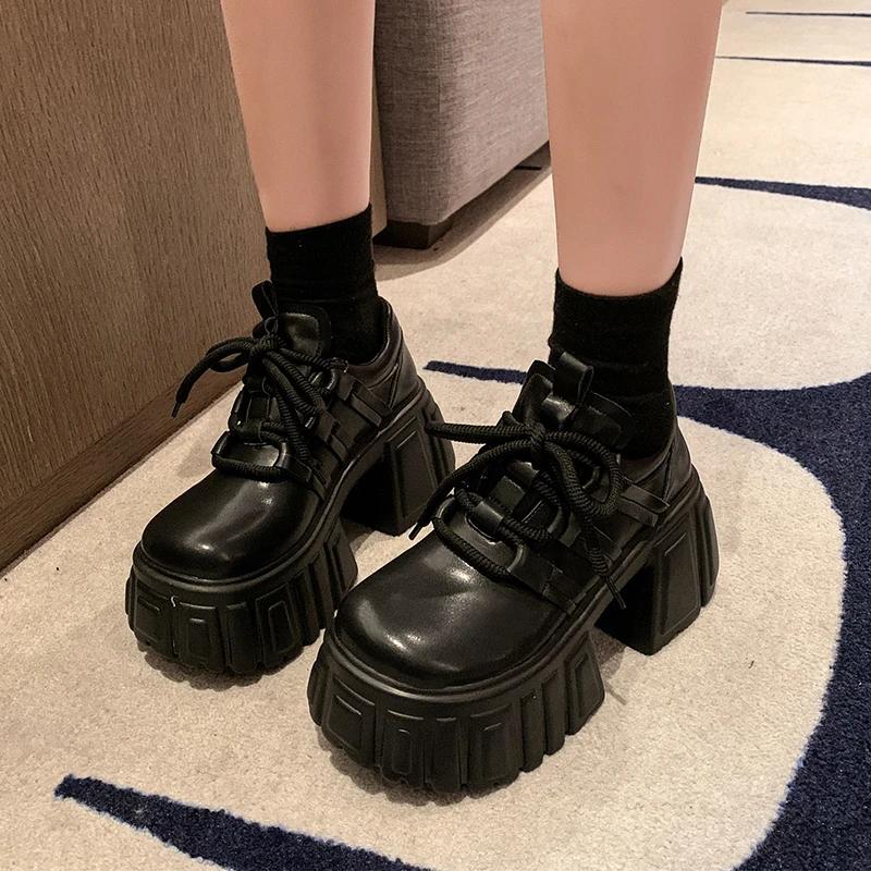 Fashion 8CM Women Mary Jane New Lace Up Loafers Platform Wedge Sneakers Chunky Shoes Women Black Shoes Spring Autumn Walking Sneakers