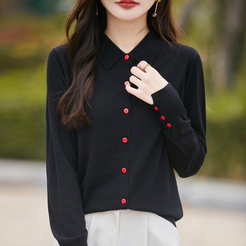 Spring New POLO Knitted Cardigan Flamingo Hot Diamond Cuffs Slit Top