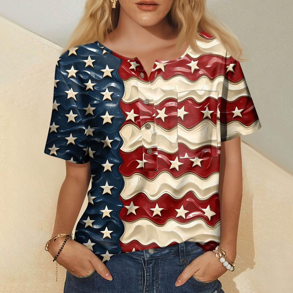 Modna damska bluzka z krótkim rękawem i nadrukiem, okrągłym dekoltem