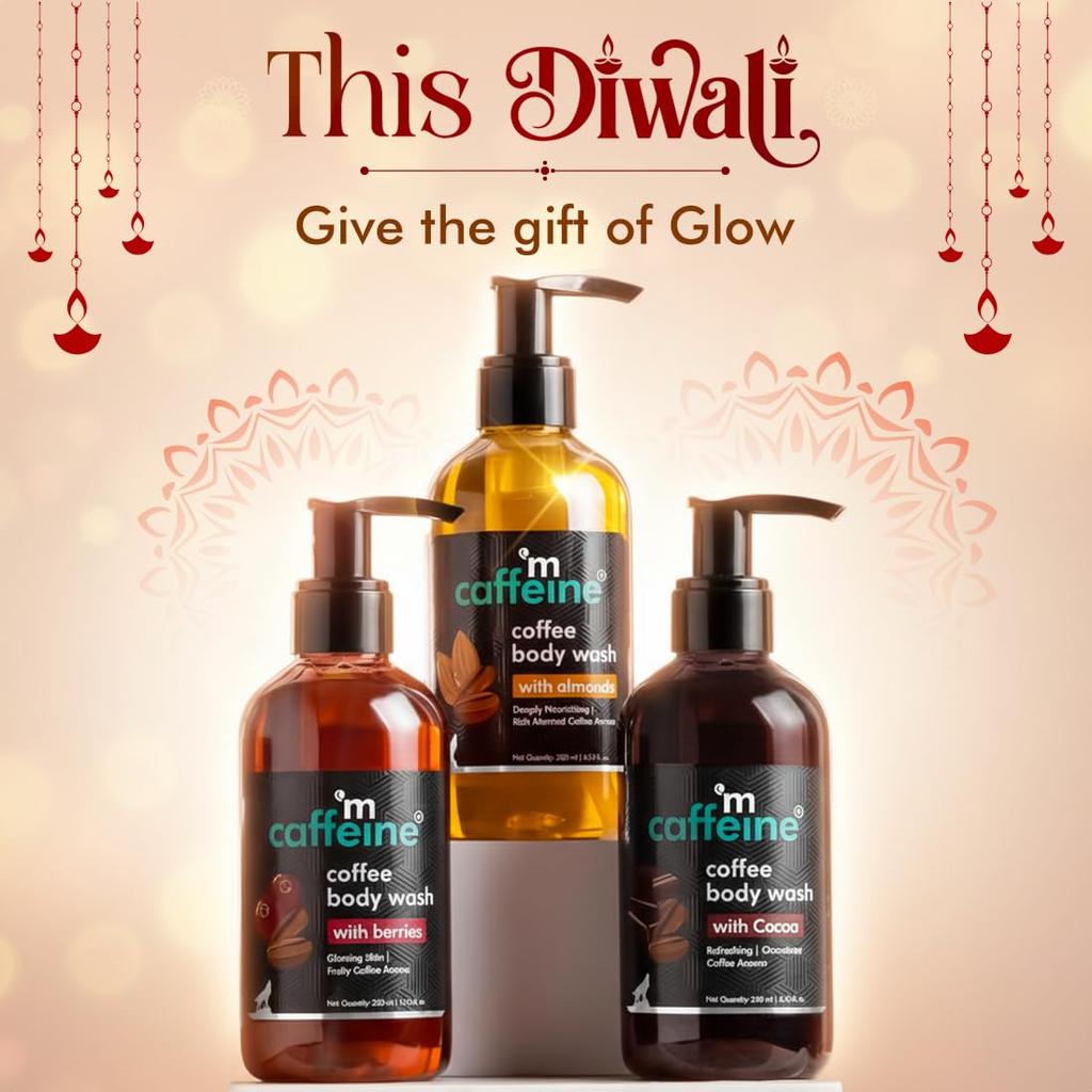 mCaffeine Coffee Body Wash Trio for Men & Women | 3 X 200ml Shower Gels | Deep Cleansing, Tan Removal, Energizing (Berry,Almond, Cocoa)