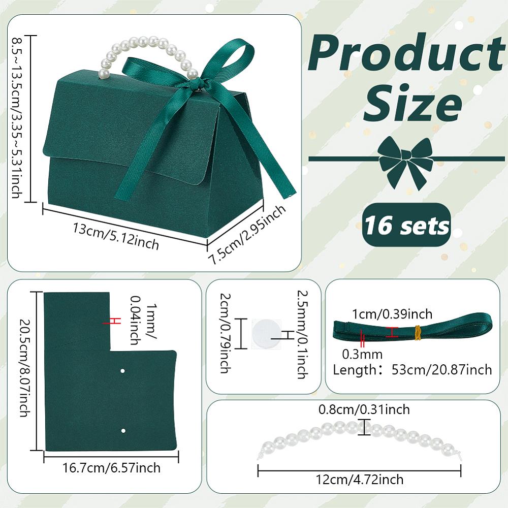 16sets Foldable Paper Wedding Candy Totes with Plastic Imitation Pearl Round Beaded Handle and Ribbon Handbag Shape Dark Green