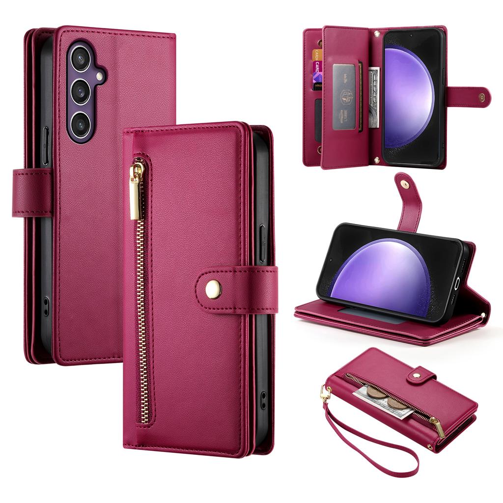 DF-011 For Samsung Galaxy S23 FE Case PU Leather Zipper Wallet Phone Cover with Straps