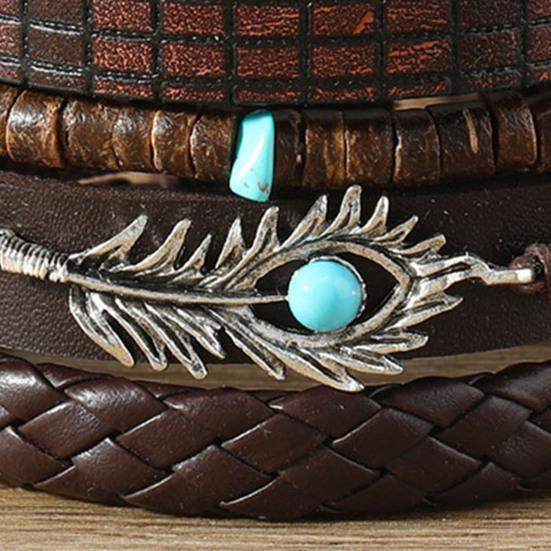6 Pcs Braided Bracelet Set Different Shapes Wooden Bead Decor Peacock Feather Pendant Retro Ethnic Style