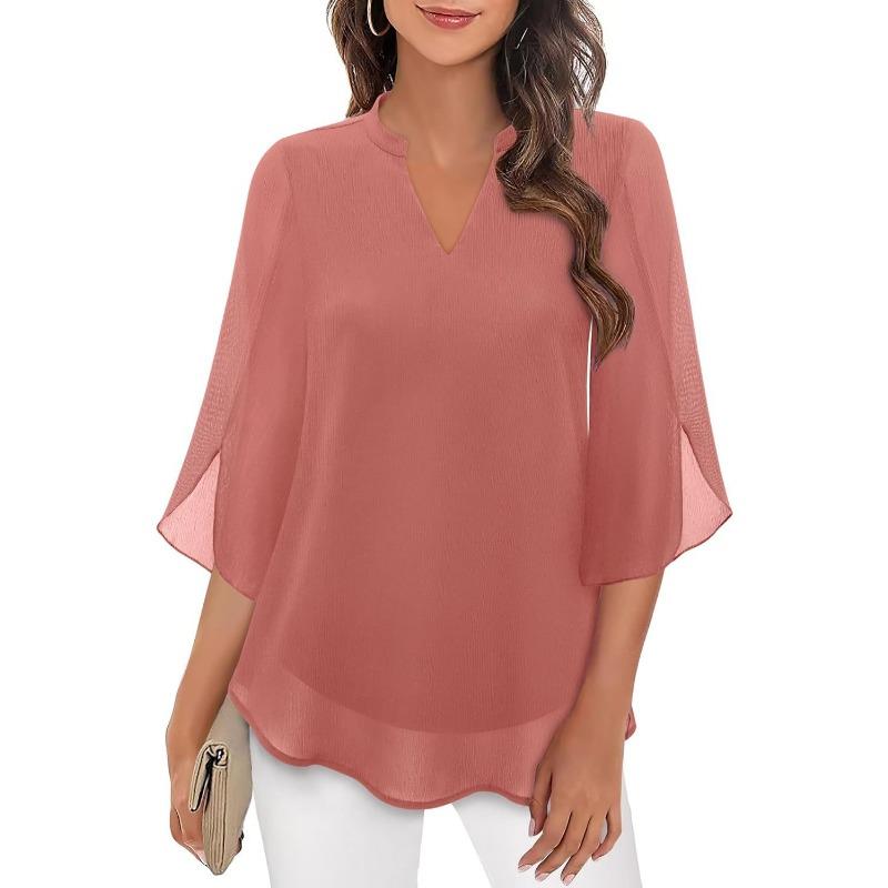 Fashion Loose Casual Summer Chiffon Blouse Women Loose V-neck Shirt Elegant Short Sleeve Solid Color Top Office Ladies Female Basic Women's Clothing
