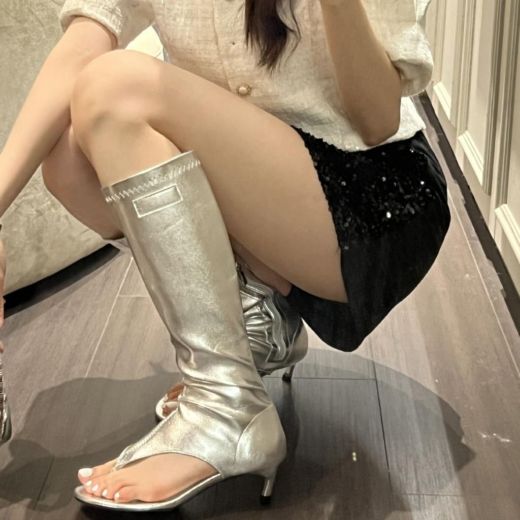Autumn and Winter Spice Girls Sweet and Cool Wind Toe But Knee High Boots Catwalk Mid Tube Open Toe Cool Boots