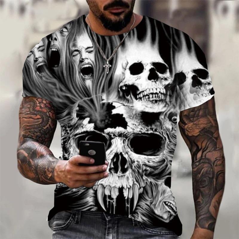 Men's Halloween Sports T-shirt 3D Neutral Skull Print Round Neck Short Sleeved Casual, Comfortable and Fashionable Top