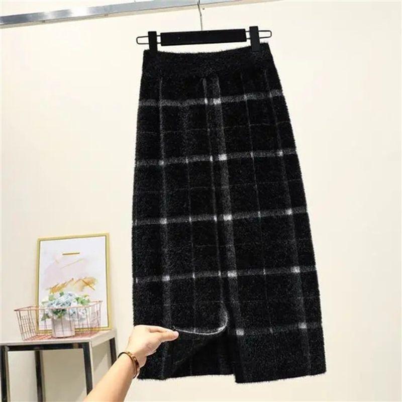 

Casual Plaid Thickened Slit Slim Skirt Casual Thick Checks Slit Slim Fit Skirt Black plaid XL