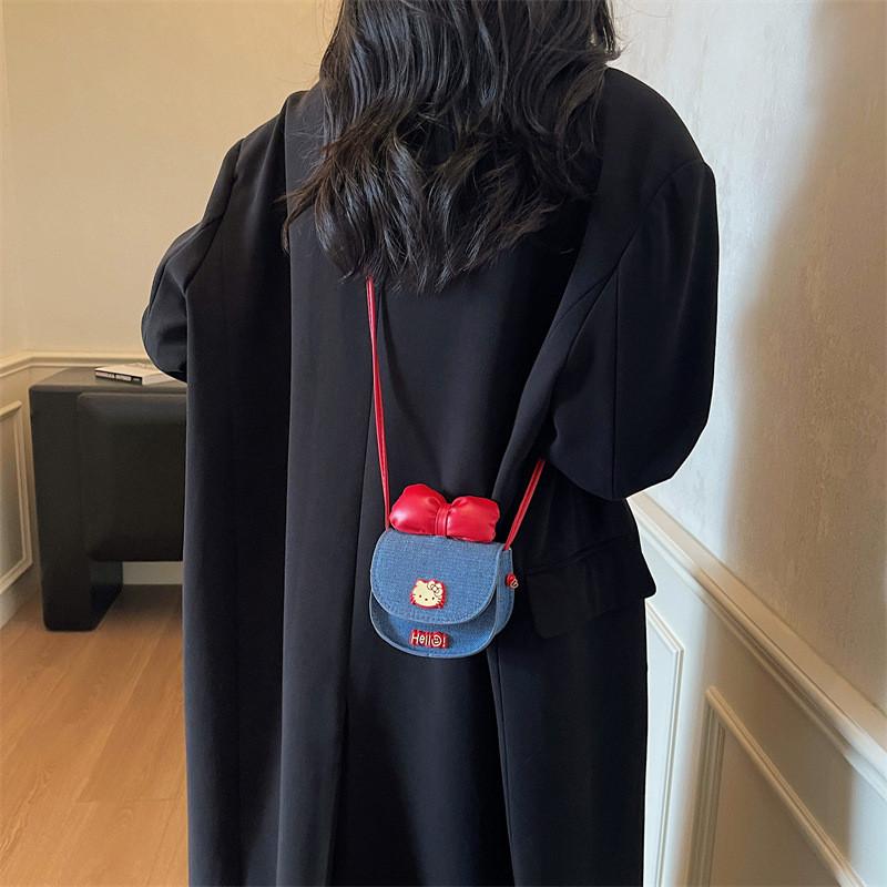 Hello Kitty Denim Butterfly Knot Bag Small Crossbody For Casual Street Style Womens Fashion