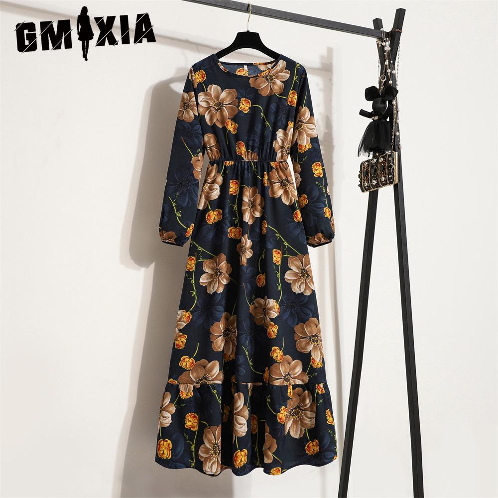 GMXIA 25 Colors Spring Women Maxi Dresses Casual Long Sleeve Floral Print O-Neck Ladies Long Dress Bohe Beach Party Mujer Vestidos Muslim Dress