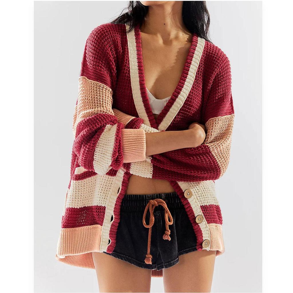 Women's Casual Knitted Jacket Pocket Color Blocked Cardigan Sweater  Loose Jacket