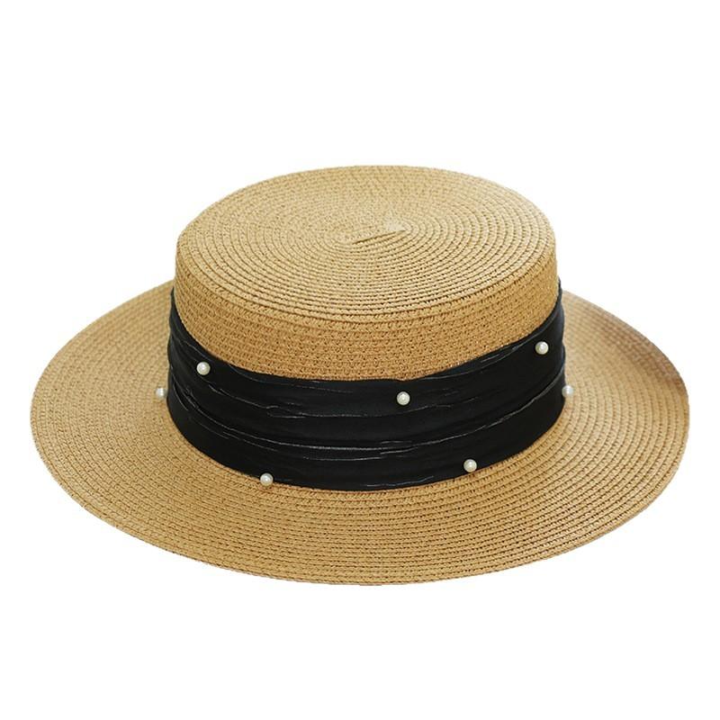 French Top Hat Flat Top Straw Hat Women's High-end Straw Hat Pearl Ribbon, Outdoor Straw Hat Seaside Beach Hat Women