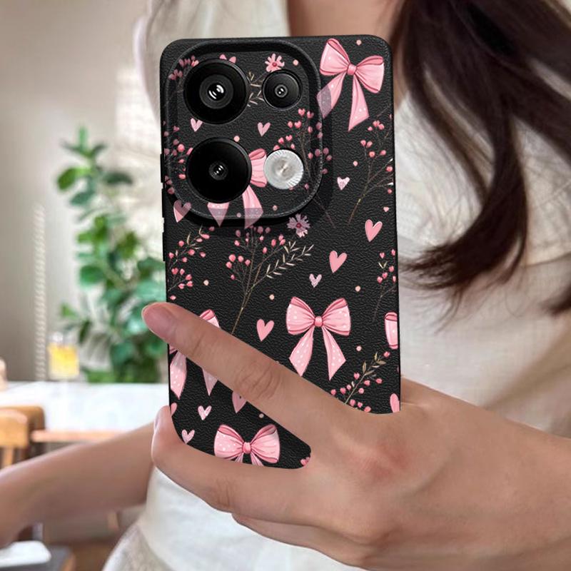 Pink Bowknots Floral Pattern Case For Xiaomi 14T 13T 11T Pro Funda Redmi Note 14 13 12 11 Pro 5G 4G Leather Texture Silicone Cover