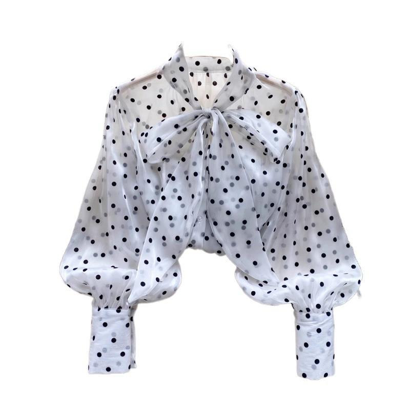 Francouzský Retro Společenský Styl Špičková Polokošile pro Ženy Na Podzim s Bufetovými Rukávy a Designem Mašle, Temperamentní Top