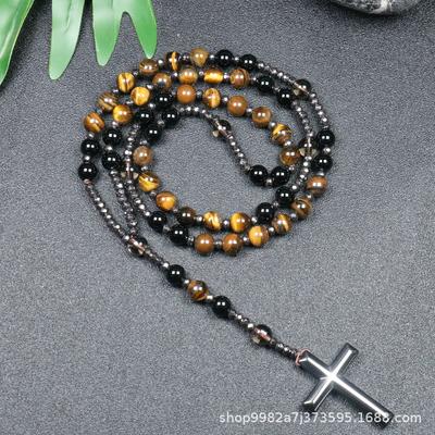 Collier pendentif croix en pierre naturelle, Croix en pierre d'œil de tigre et fer à bille chapelet collier pour homme