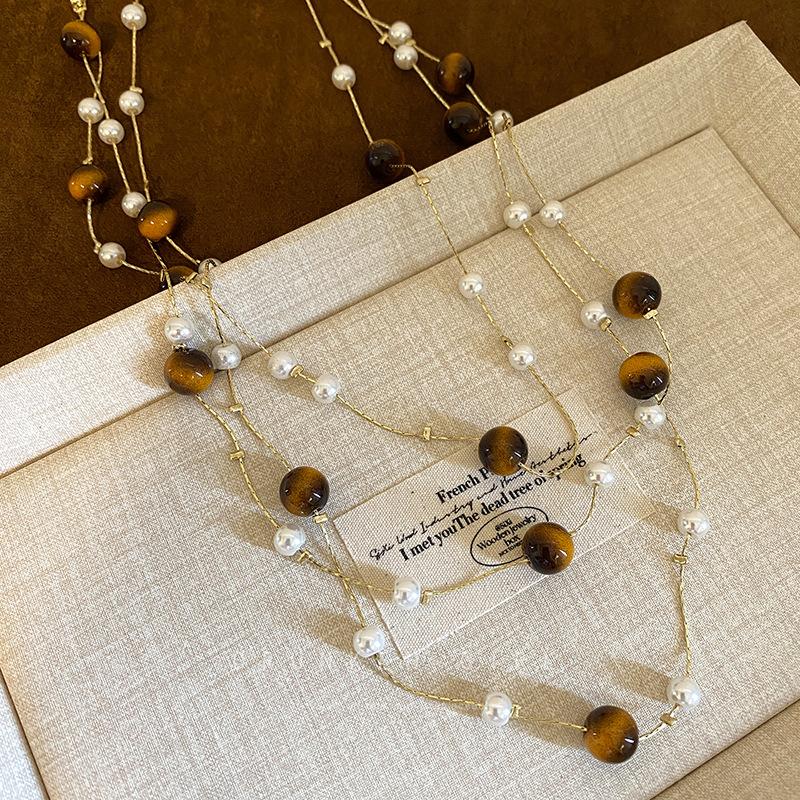 Vintage Maillard Přírodní tygří oko Choker náhrdelník pro ženy Skládané krční korálkové řetízky Šperky Dárek