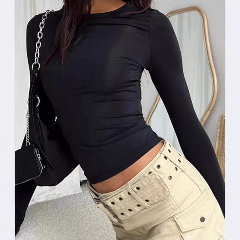 Women's Casual Long Sleeve T-Shirt Spring and Autumn Solid Color Slim Fit Pullover Bottoming Shirt Top