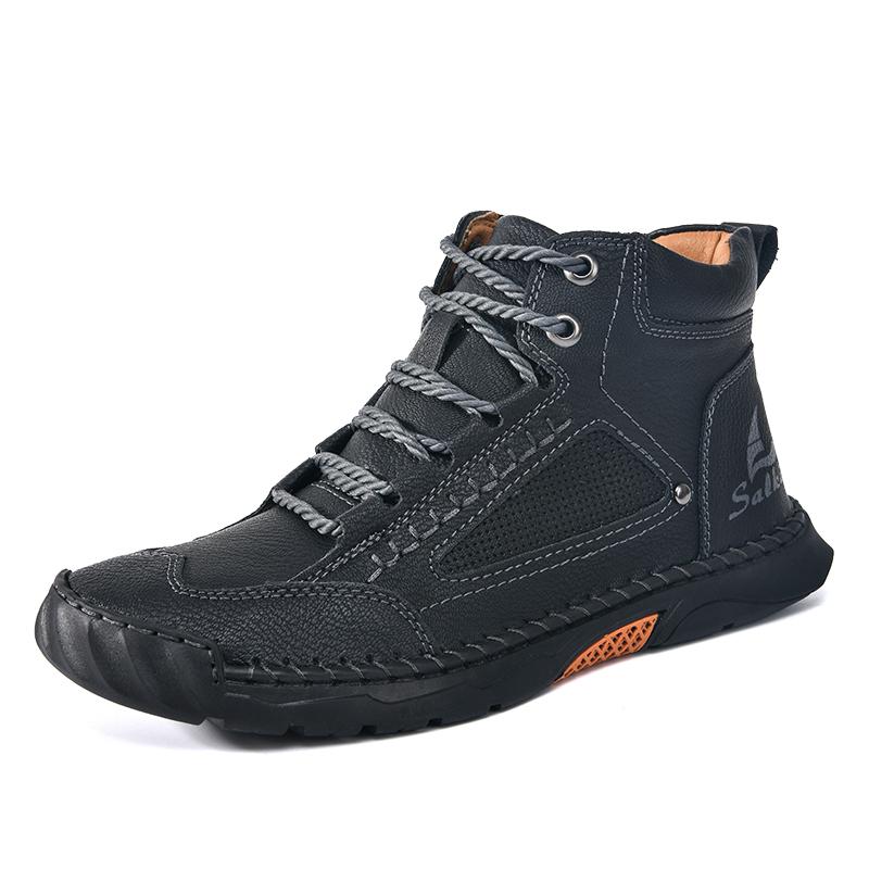 Handmade Leather Mens Ankle Boots Booties Casual Leather High Top Shoes Outdoor Man Motorcycle Boots Sneakers Comfy Hiking Boats