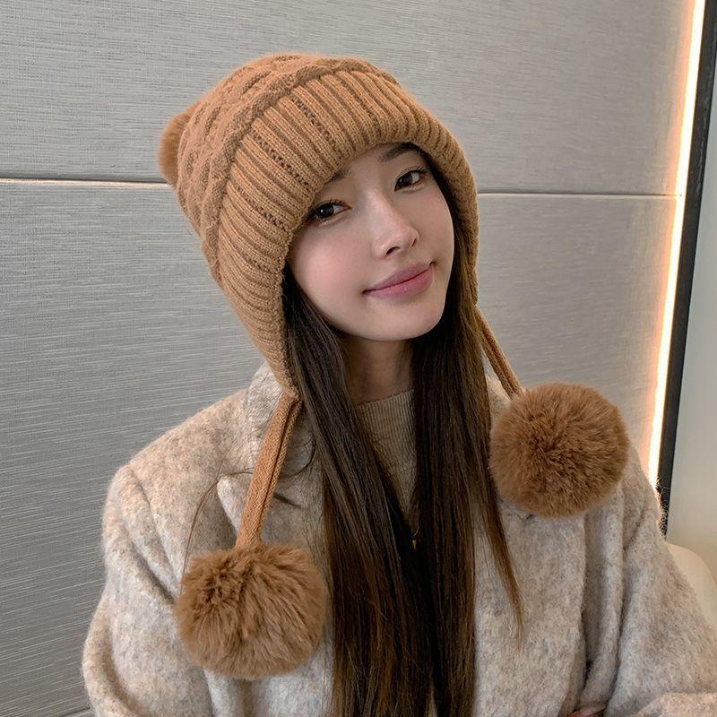 Wool Hat Women's Winter Plush Thickened Hairball Ear Protection Warm Hat Cold-proof Knitted Hat