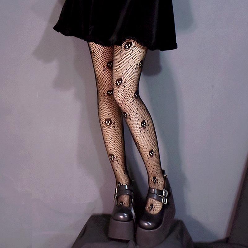Gothic Lolita Skull Polka Dot Fishnet Tights