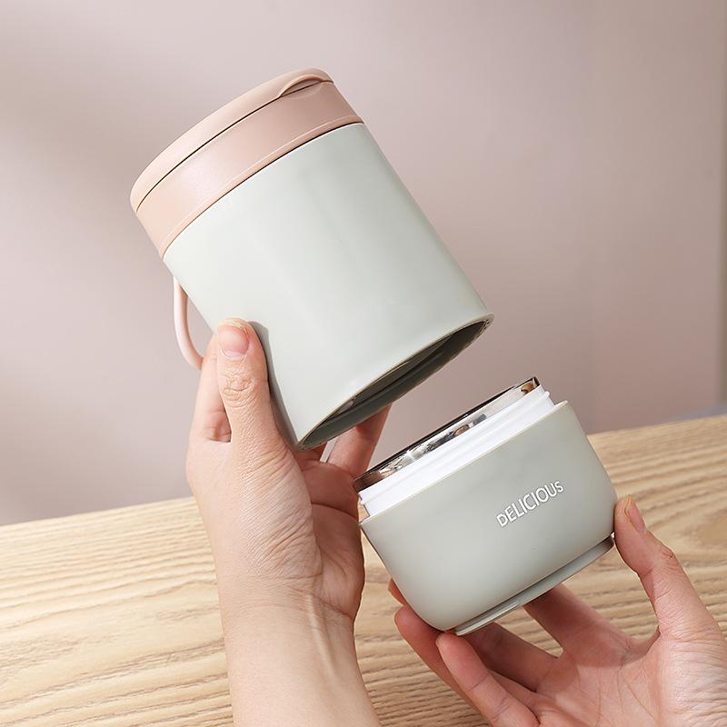 430/680ML Double Layer Stainless Steel Thermal Lunch Box For Kids Drinking Cup With Spoon Food Jar Insulated Soup Cups Container
