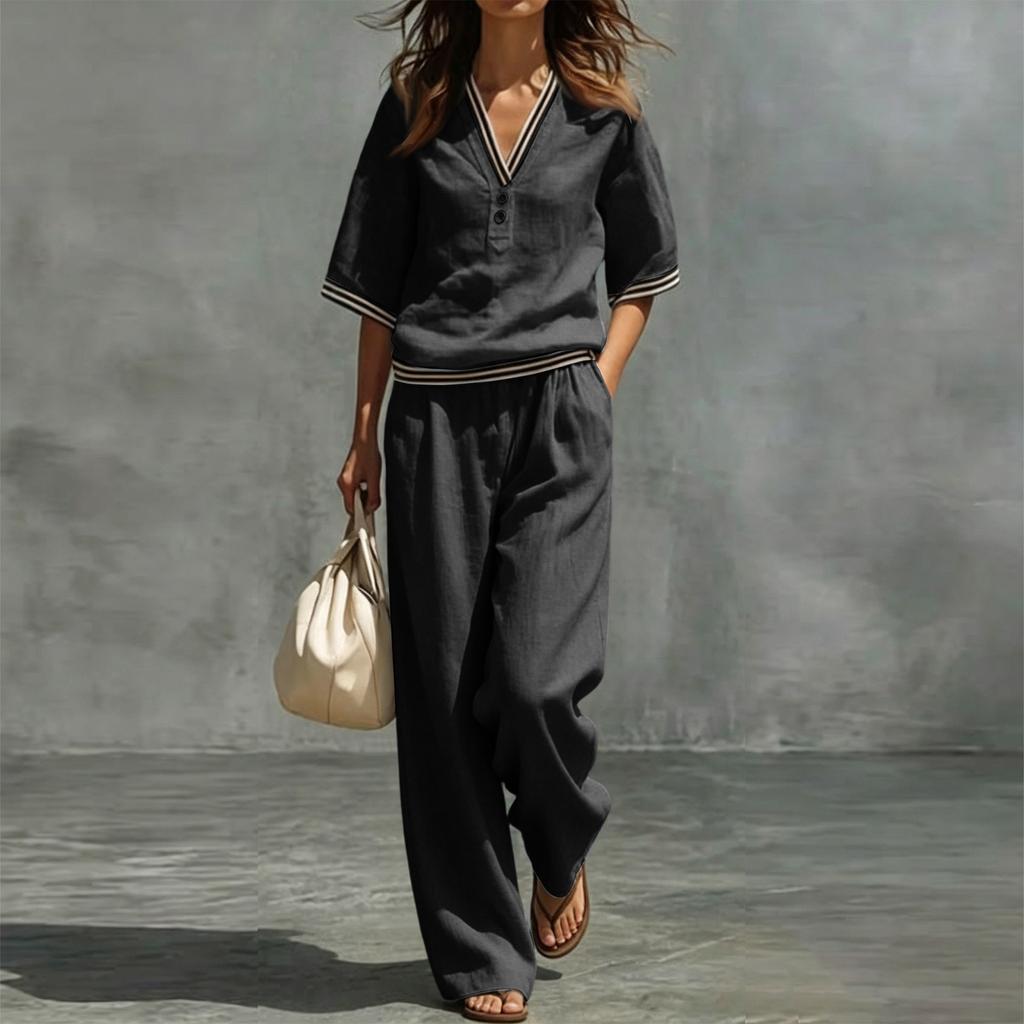 Damen Freizeit Zweiteiler V-Ausschnitt Kurzarm Top und Weite Hosen Lounge Outfit Leichter Bequemer Stoff Stilvolles Design