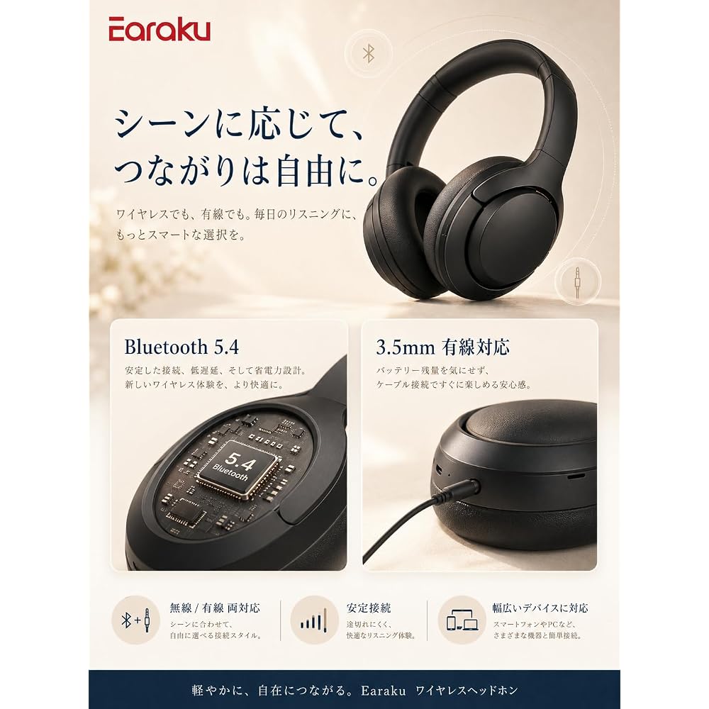 [Noise Reduction & Music Focus] Earaku Wireless Headphones Bluetooth 5.4 ANC Noise Cancelling / Up to 60 Hours Playback / Multipoint Support / Chargin