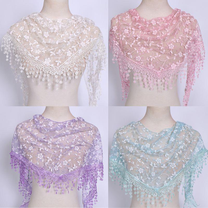 HOT Tassel Shawls Female Scarf Solid Color Embroidered Lace Veil Floral Head Covering Veils Women Triangle Scarf 150*40cm