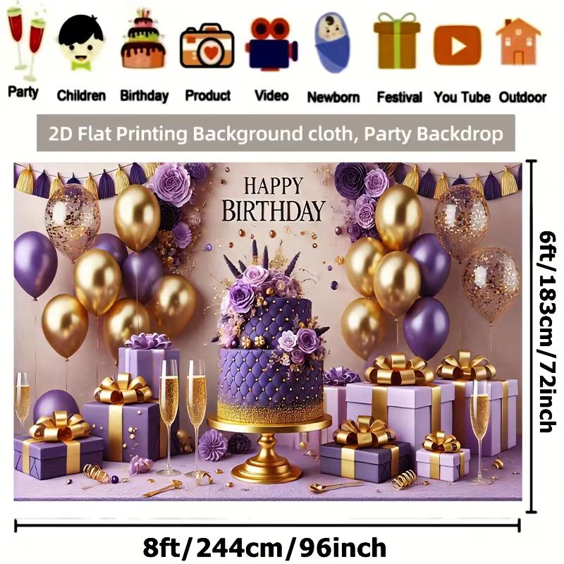 

2D Purple Gold Luxury Birthday Backdrop Banner 8ft Wide Happy Birthday Party Decor Background 47.2x31.5inch/120*80cm