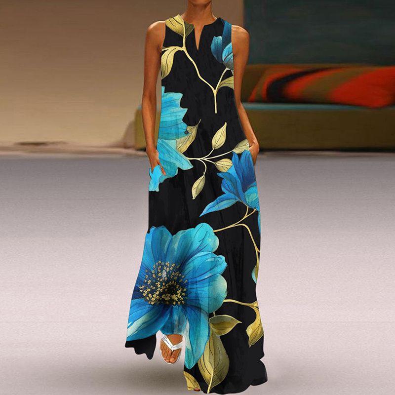 Fashion Plus Size Fancy Dress 3D Print Fashion V Neck Pocket Long Dress Large Swing Sexy Sleeveless Beach Dress