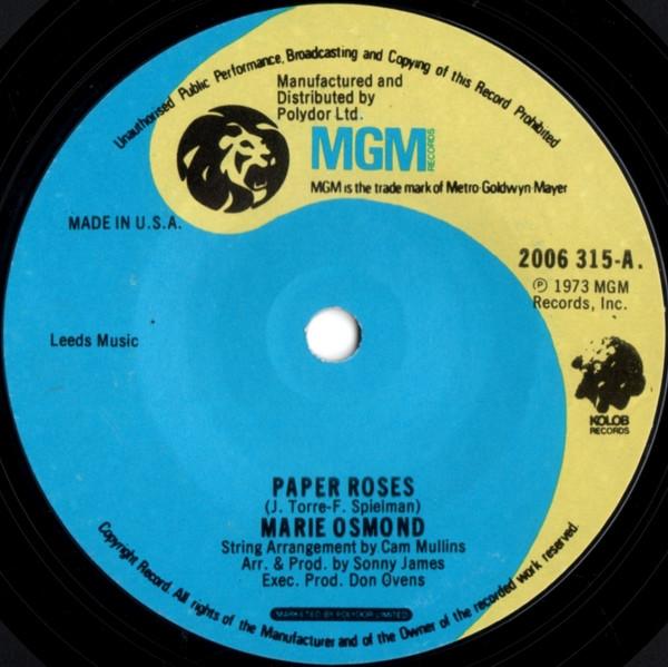 

7inch Record MARIE OSMOND - Paper Roses 2006315 MGM Records 1973 UK Pop Used